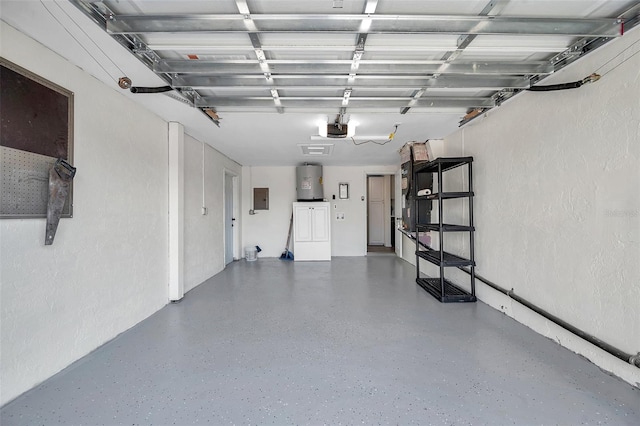 garage with a garage door opener, electric panel, and electric water heater