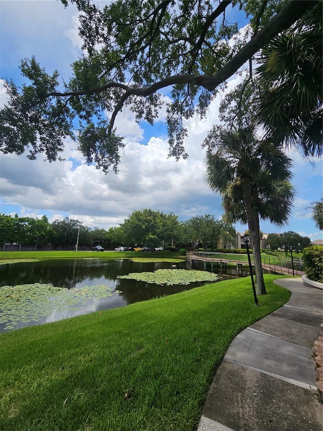 view of community featuring a lawn and a water view