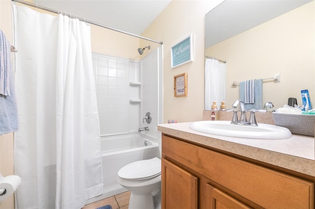 full bathroom with tile patterned flooring, vanity, shower / bath combo, and toilet