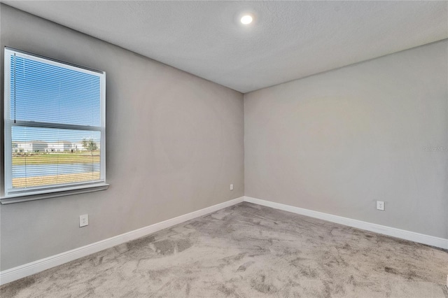 spare room featuring light colored carpet and a textured ceiling