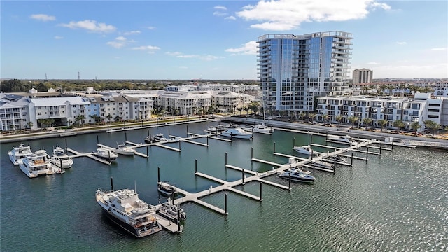 view of water feature featuring a boat dock and a city view