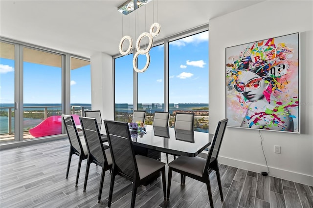 5120 Marina Way Unit 14002, Tampa, FL 33611 - dining room featuring a water view, wood finished floors, baseboards, expansive windows, and an inviting chandelier