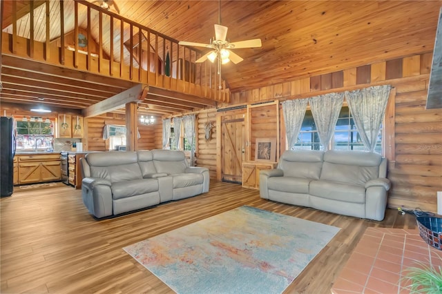 living room featuring sink, wood ceiling, ceiling fan, high vaulted ceiling, and light wood-type flooring