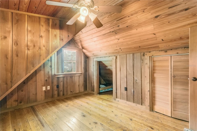 additional living space with lofted ceiling, wooden walls, wooden ceiling, and light hardwood / wood-style floors