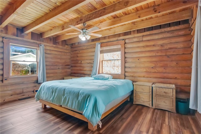 bedroom with wood ceiling, ceiling fan, dark hardwood / wood-style floors, log walls, and beamed ceiling