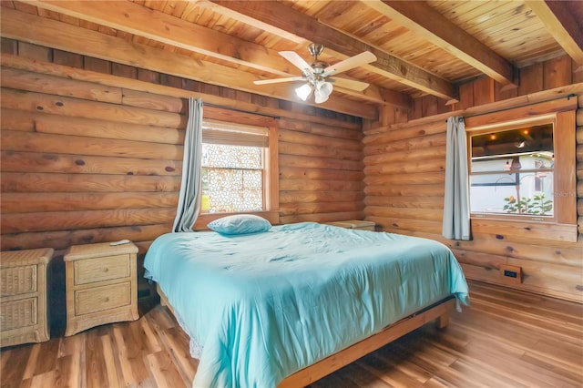 bedroom with hardwood / wood-style flooring, wooden ceiling, and log walls