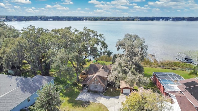 drone / aerial view featuring a water view