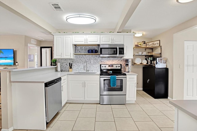 kitchen featuring white cabinetry, sink, stainless steel appliances, and kitchen peninsula