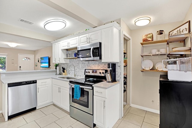 kitchen with tasteful backsplash, sink, white cabinets, kitchen peninsula, and stainless steel appliances