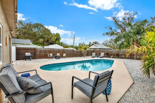 view of pool with a grill and a patio