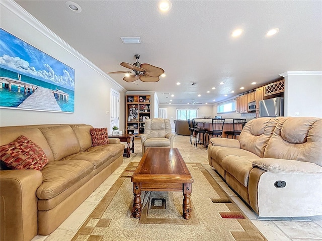 living room featuring ornamental molding, ceiling fan, and a textured ceiling