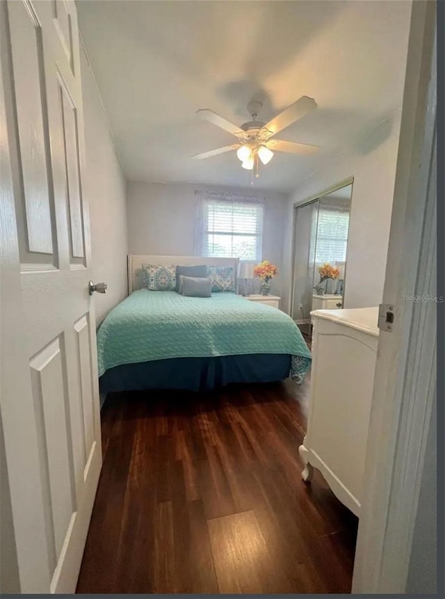 bedroom with ceiling fan, dark hardwood / wood-style floors, and a closet