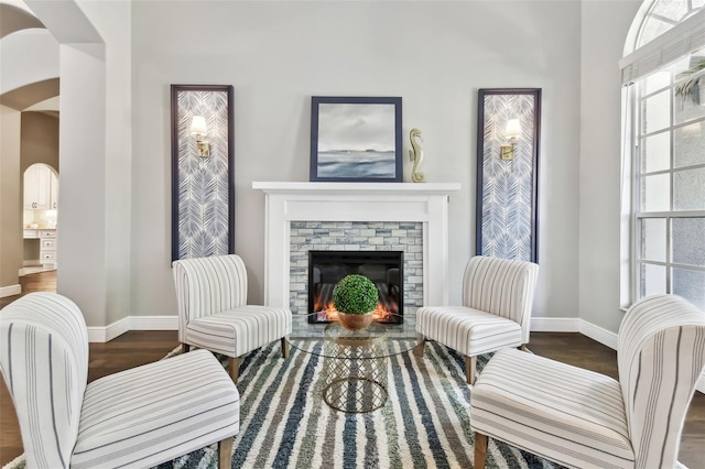 living area with dark hardwood / wood-style flooring and a fireplace