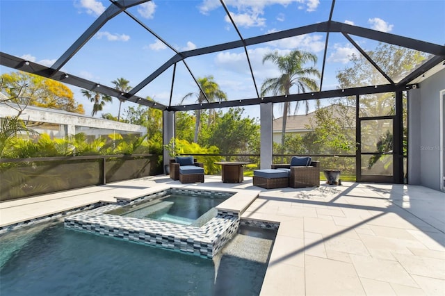 view of pool featuring an in ground hot tub, a lanai, an outdoor hangout area, and a patio