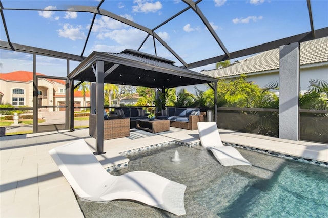 view of patio featuring pool water feature, outdoor lounge area, and a lanai