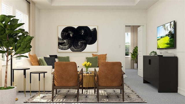 sitting room with a raised ceiling and carpet floors