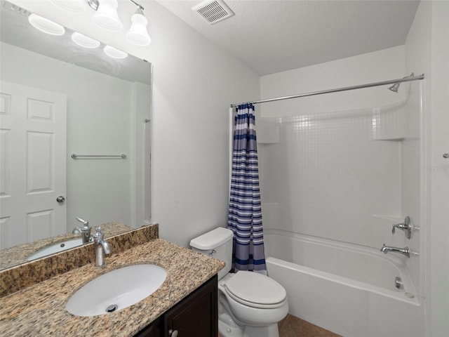 full bathroom with vanity, a textured ceiling, toilet, and shower / tub combo with curtain