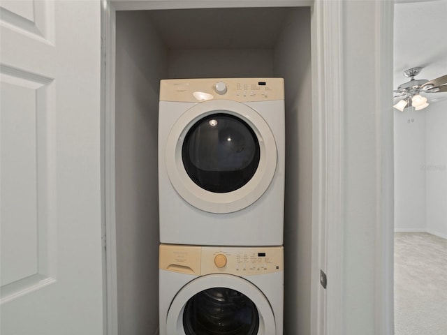 4734 Chatterton Way, Riverview, FL 33578 - laundry area with stacked washer / dryer, carpet floors, and a ceiling fan