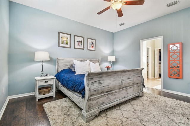 bedroom with dark wood-type flooring and ceiling fan