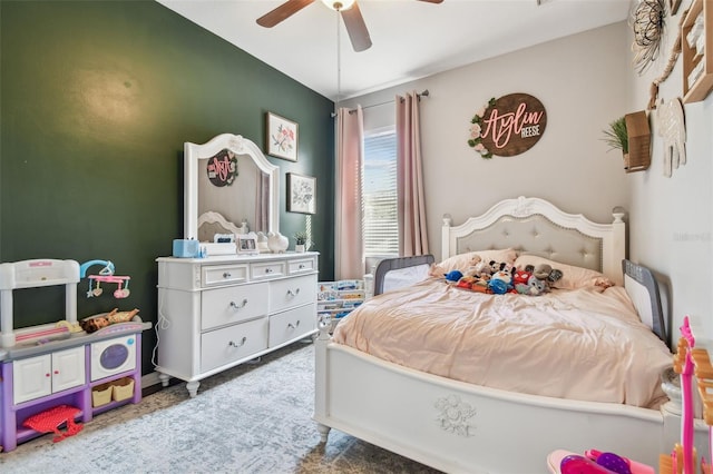 bedroom featuring carpet floors and ceiling fan