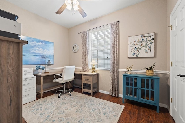 office featuring ceiling fan and dark hardwood / wood-style flooring