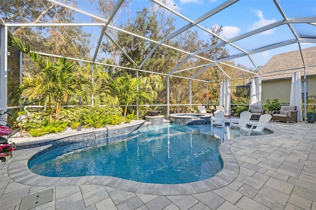 view of swimming pool with a patio, glass enclosure, and an in ground hot tub