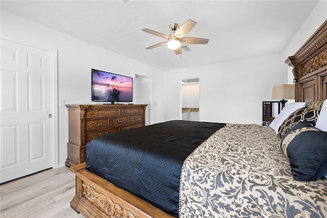 bedroom featuring ceiling fan and light wood-type flooring