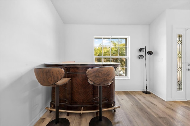 bar with light hardwood / wood-style floors