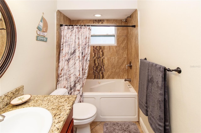 full bathroom with vanity, toilet, tile patterned flooring, and shower / bath combo