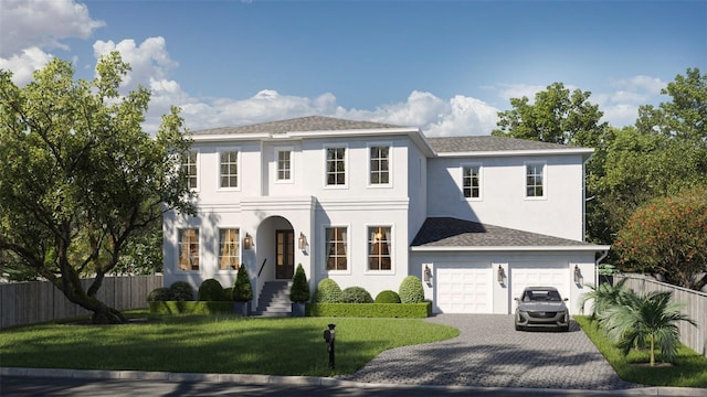 view of front of house featuring stucco siding, decorative driveway, a front lawn, and fence