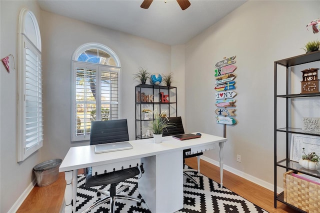 office space with ceiling fan and light wood-type flooring