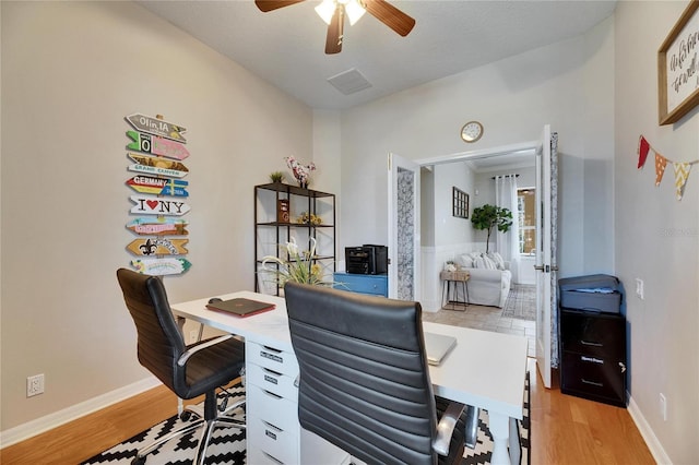 office space featuring ceiling fan and light hardwood / wood-style floors