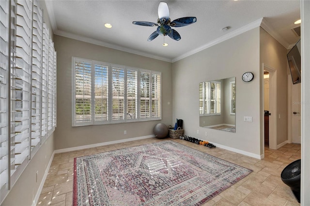 interior space with crown molding, a textured ceiling, and ceiling fan