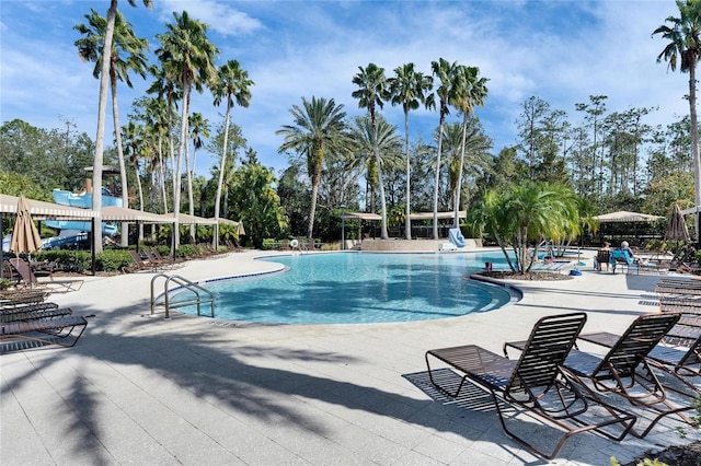 view of swimming pool featuring a patio