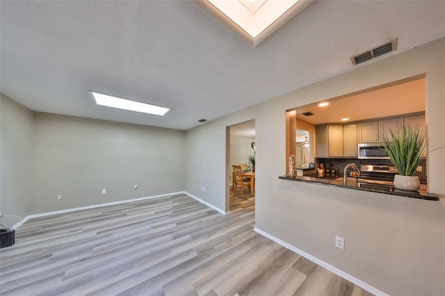 interior space featuring a skylight, light hardwood / wood-style floors, and a textured ceiling