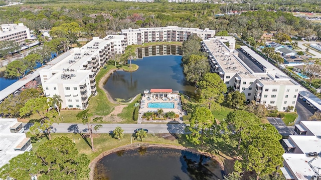 bird's eye view with a water view