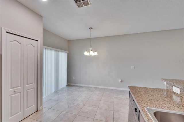 12973 Dream Catcher Way, Riverview, FL 33579 - interior space with vaulted ceiling, light tile patterned floors, a textured ceiling, and a notable chandelier