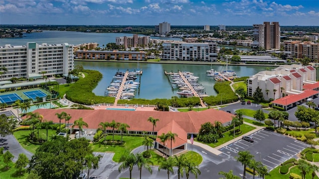 drone / aerial view featuring a water view