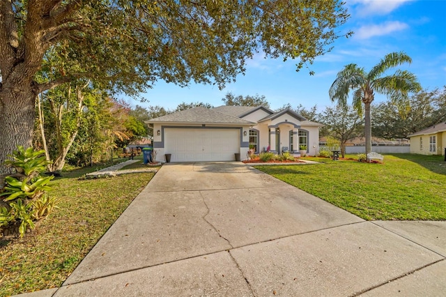 single story home with a garage and a front lawn