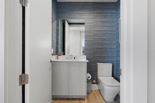 bathroom featuring vanity, toilet, and wood-type flooring