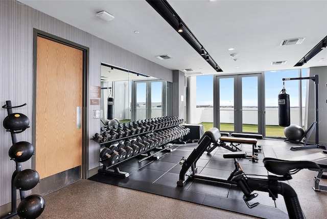 exercise room with a water view, a wall of windows, and french doors