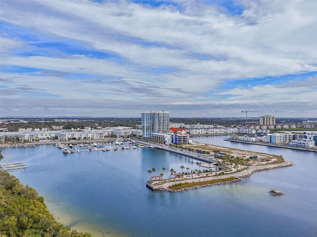 drone / aerial view featuring a water view