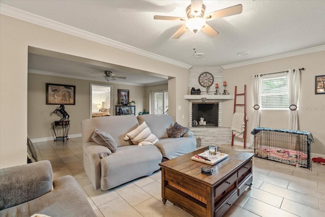 tiled living room with crown molding, ceiling fan, a brick fireplace, and a textured ceiling