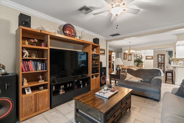 living room with crown molding, light tile patterned flooring, ceiling fan with notable chandelier, and a textured ceiling