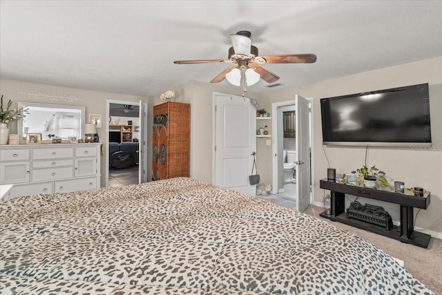 carpeted bedroom with ceiling fan