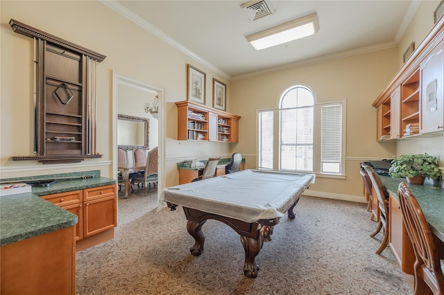 game room with light carpet, visible vents, crown molding, and baseboards