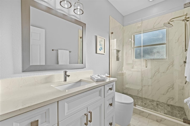 1881 Riveredge Dr, Tarpon Springs, FL 34689 - full bath with marble look tiles, a marble finish shower, toilet, and vanity