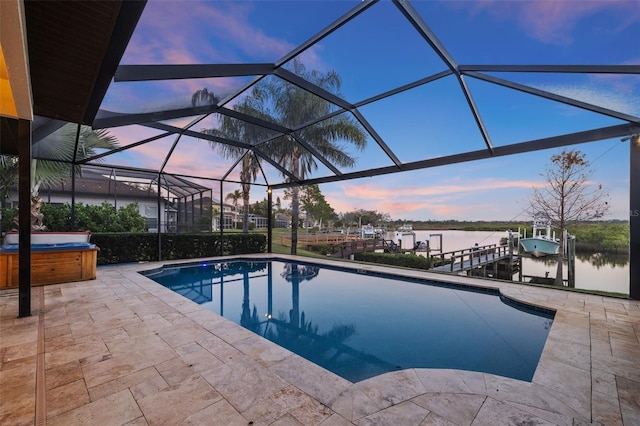 1881 Riveredge Dr, Tarpon Springs, FL 34689 - outdoor pool with a hot tub, a patio, a water view, boat lift, and a boat dock