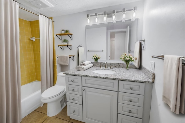 full bathroom featuring toilet, a textured ceiling, vanity, shower / bath combo, and tile patterned flooring