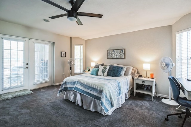 carpeted bedroom with access to outside, ceiling fan, and french doors